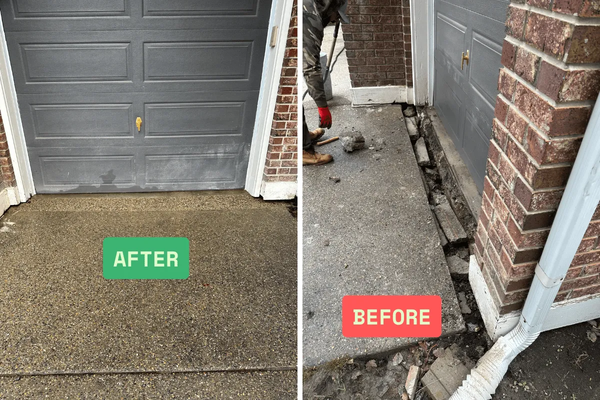 Before and after concrete driveway repair near a garage entrance by Concrete Star Calgary