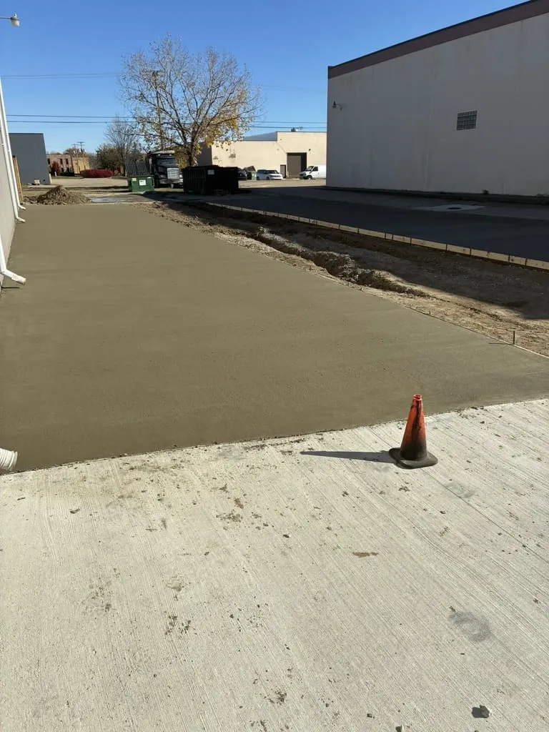 recently poured concrete driveway behind commercial building