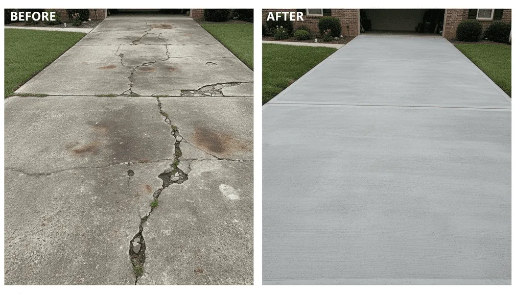 Before and after concrete restoration: a cracked, settled driveway with rust staining, resurfaced to a smooth even finish
