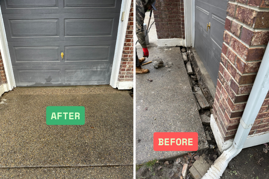 driveway-repair-before-after Before and after concrete driveway repair near a garage entrance by Concrete Star Calgary