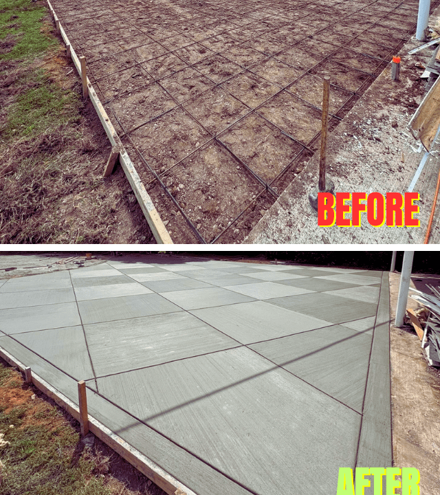 concrete-patio-before-after-photo-enfroced-rebar before and after photo showing concrete patio installation with square sepparation